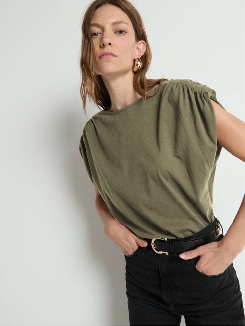 Nation LTD Olive Green Ruched Sleeve Tank Top